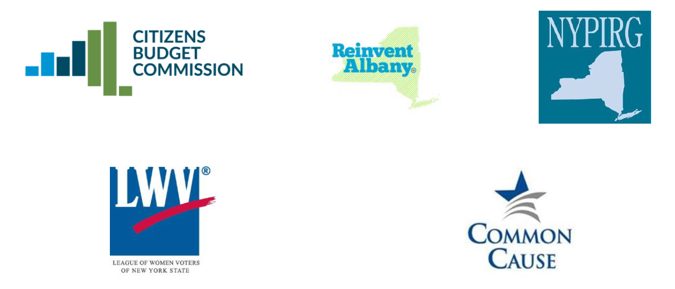 Logos of CBCNY, Reinvent Albany, NYPIRG, League of Women Voters, Common Cause