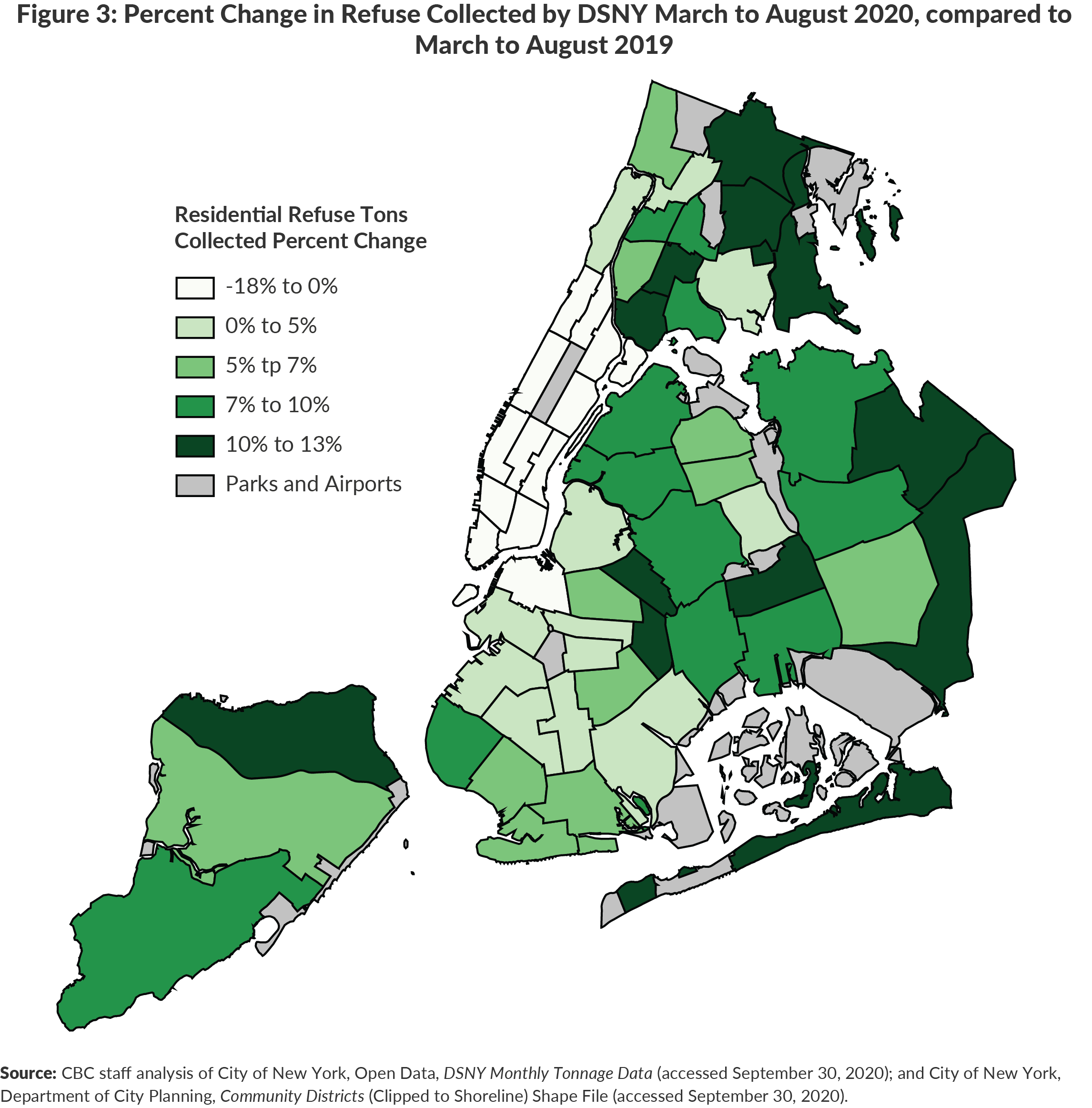Figure 3: Percent Change in Refuse Collected by DSNY March to August 2020, compared toMarch to August 2019