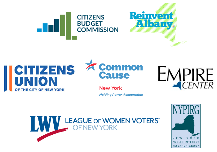 Logos of CBCNY, Reinvent Albany, NYPIRG, League of Women Voters, Common Cause